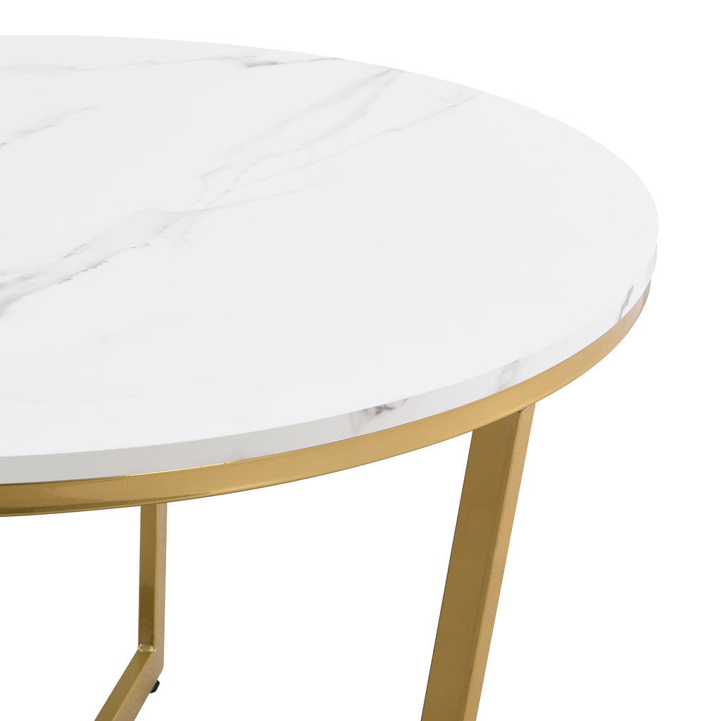 Leoglint Modern Round Nesting Coffee Table Set 2-Piece White & Marbling Top Gold Base