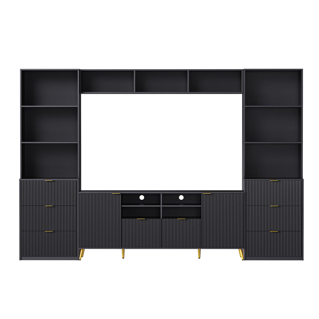 Leoglint U-Can 4-Piece Entertainment Wall Unit with 13 shelves,8 Drawers and 2 Cabinets, Multifunctional TV Stand Media Storage Cabinet with Fluted Line Surface for Living Room, for TVs Up to 70"