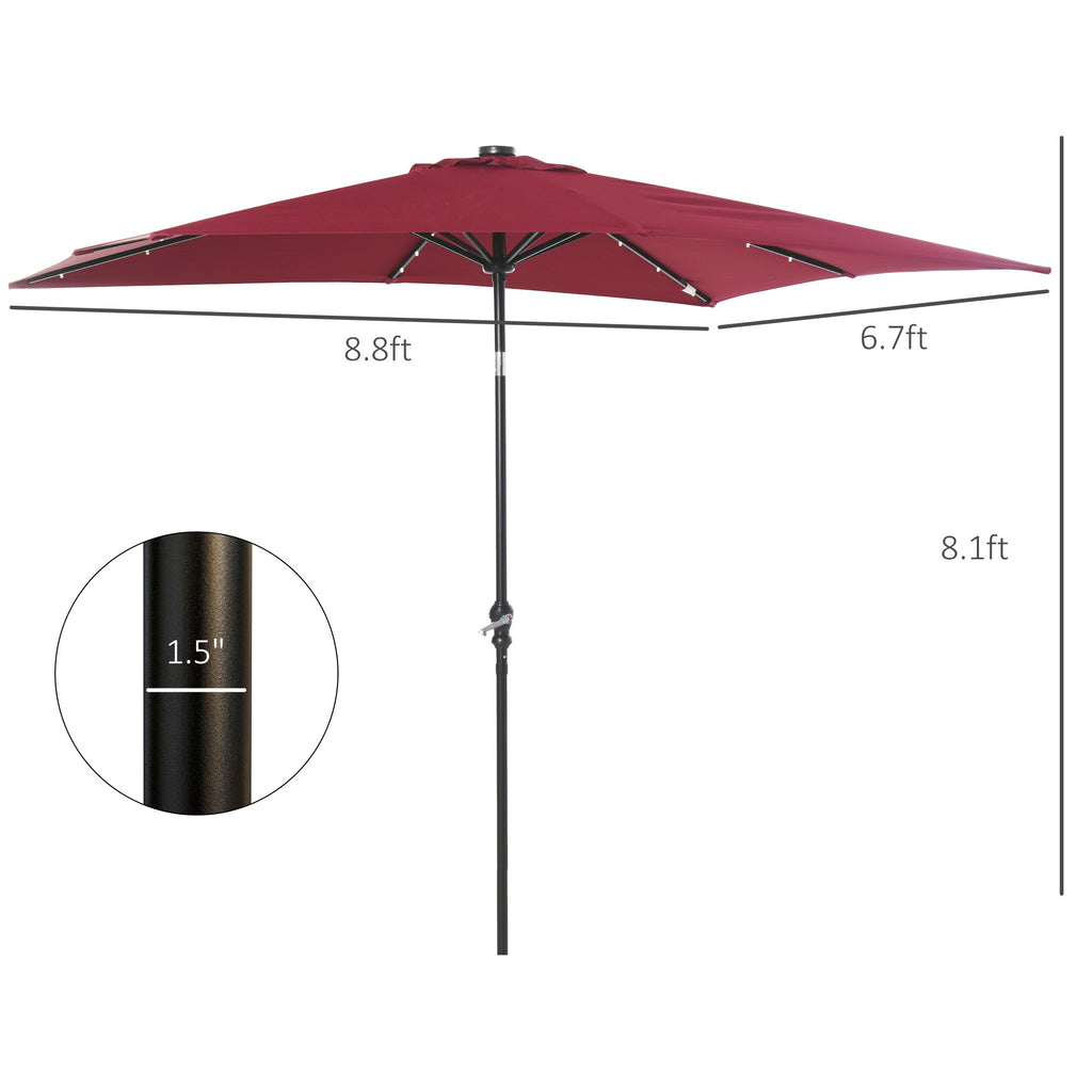 Leoglint 9' x 7' Solar Umbrella, LED Lighted Patio Umbrella for Table or Base with Tilt & Crank, Outdoor Umbrella for Garden, Deck, Backyard, Pool, Beach, Wine Red