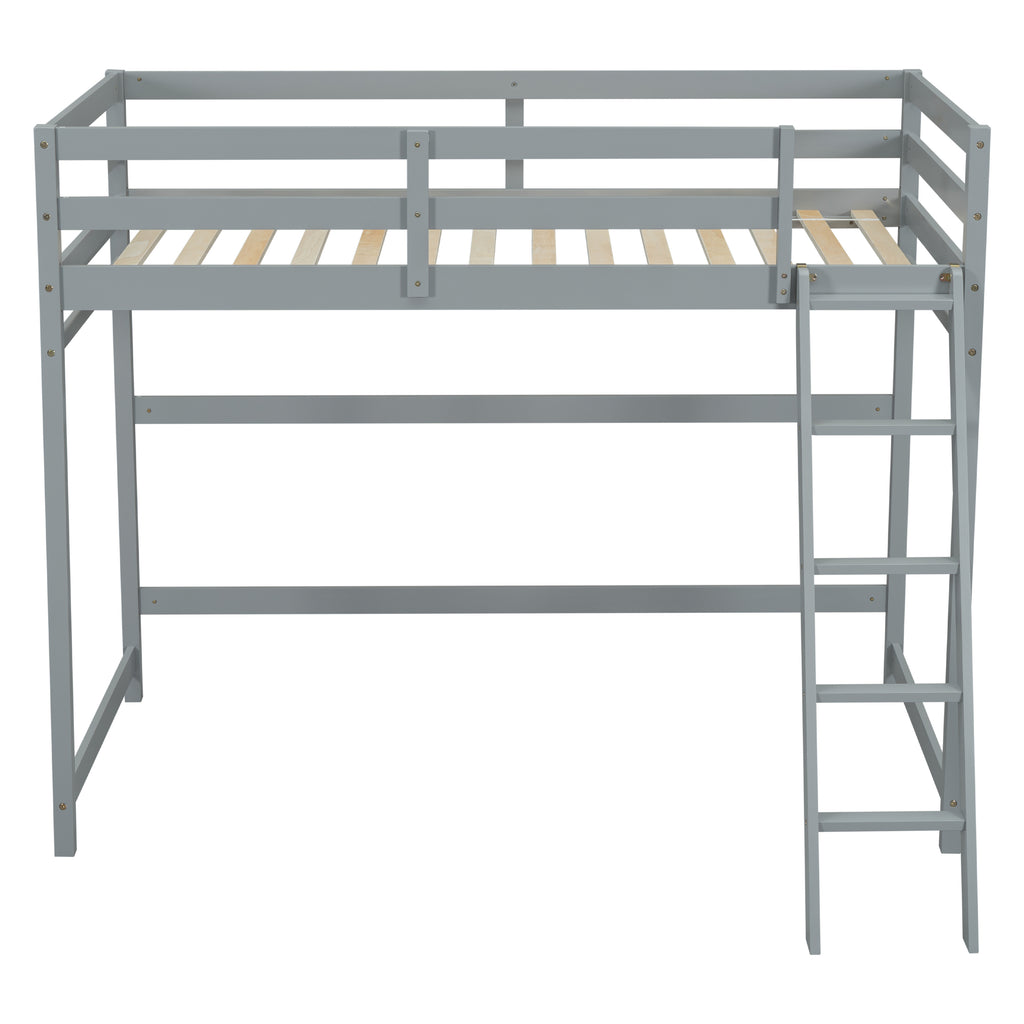 Leoglint Twin Size High Loft Bed Frame with inclined Ladder, Guardrails,Grey