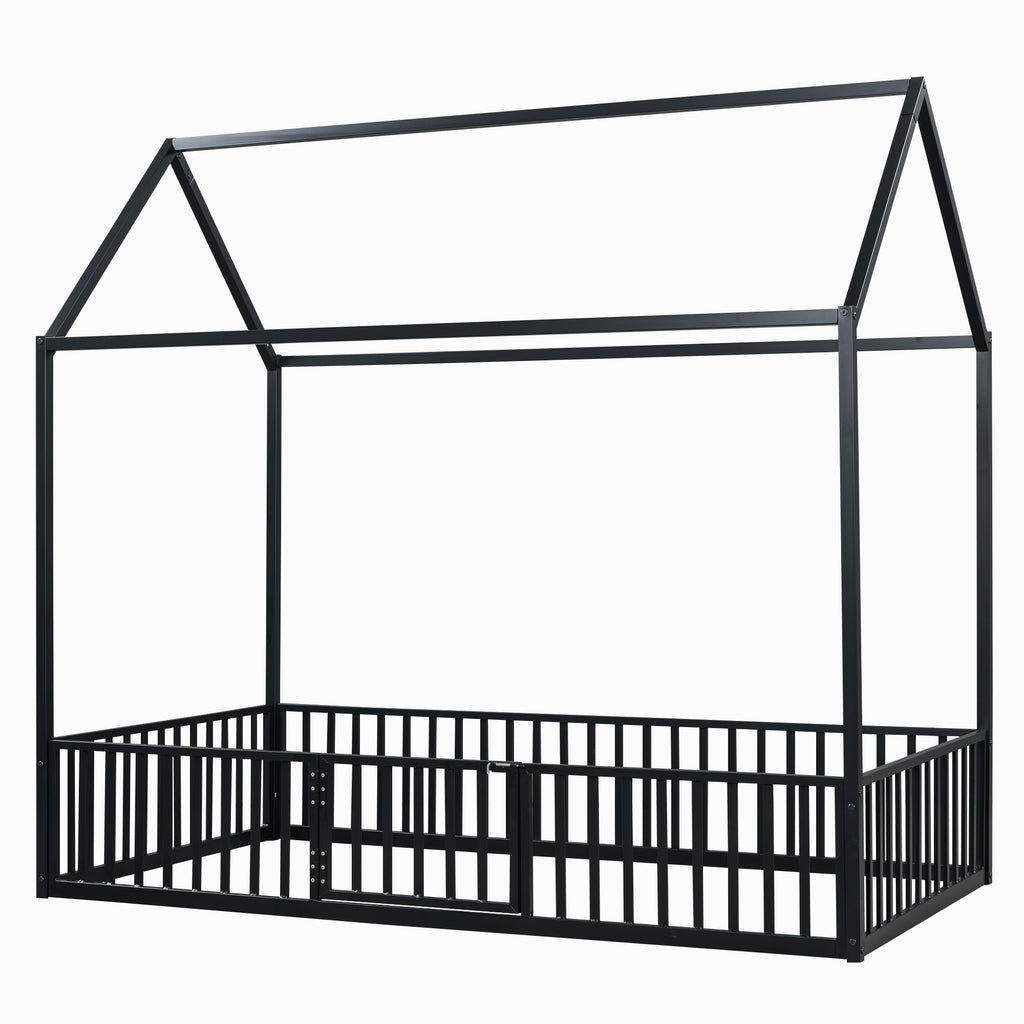 Leoglint Twin Size Metal House Bed Frame with Fence and Door, Black