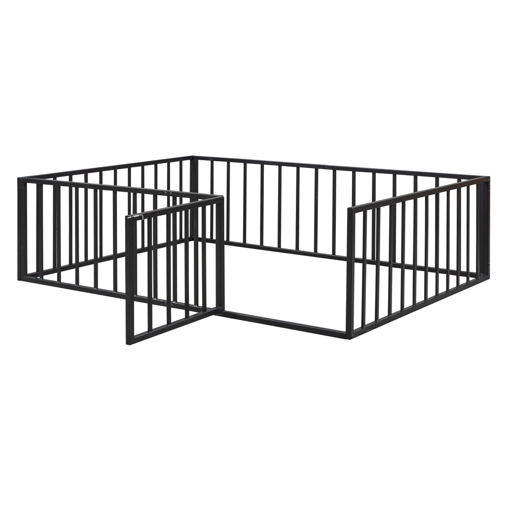 Leoglint Full Size Metal Floor Bed Frame with Fence and Door, Black