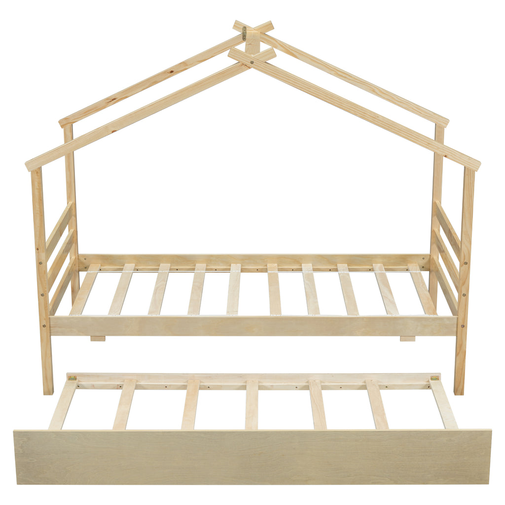 Leoglint Twin Size  House-shaped Bed Frame with Trundle,Natural