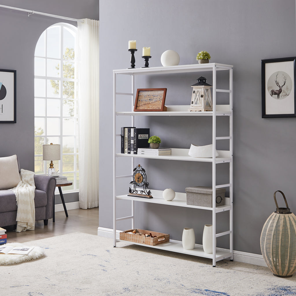 Leoglint [VIDEO] 5-Tier Home Office Bookcase Open Bookshelf Storage Large 5 Shelf Bookshelf Furniture with Metal Frame, White