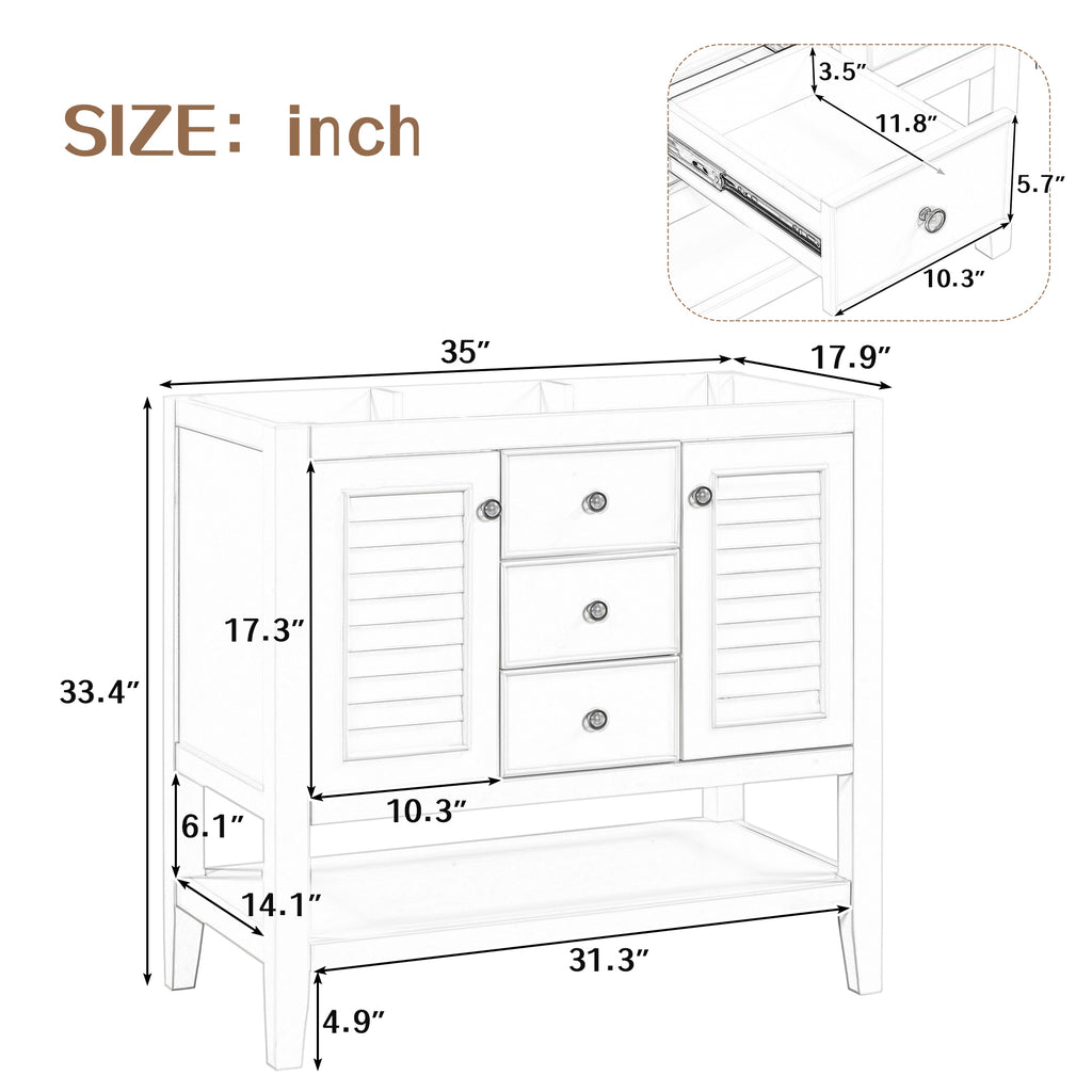 Leoglint 36" Bathroom Vanity without Sink, Cabinet Base Only, Two Cabinets and Drawers, Open Shelf, Solid Wood Frame, Grey