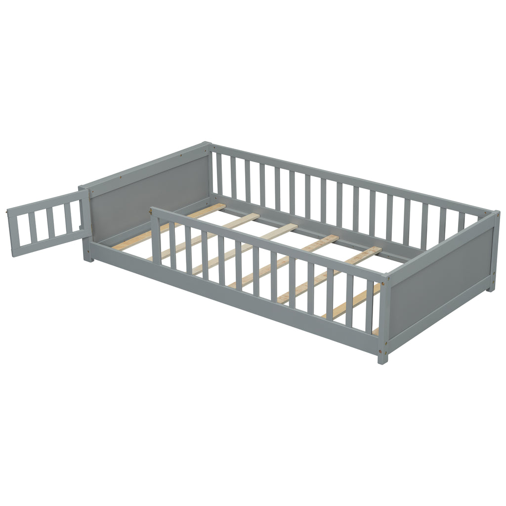 Leoglint Twin size Floor Platform Bed Frame with Built-in Book Storage Rack, Door,Grey