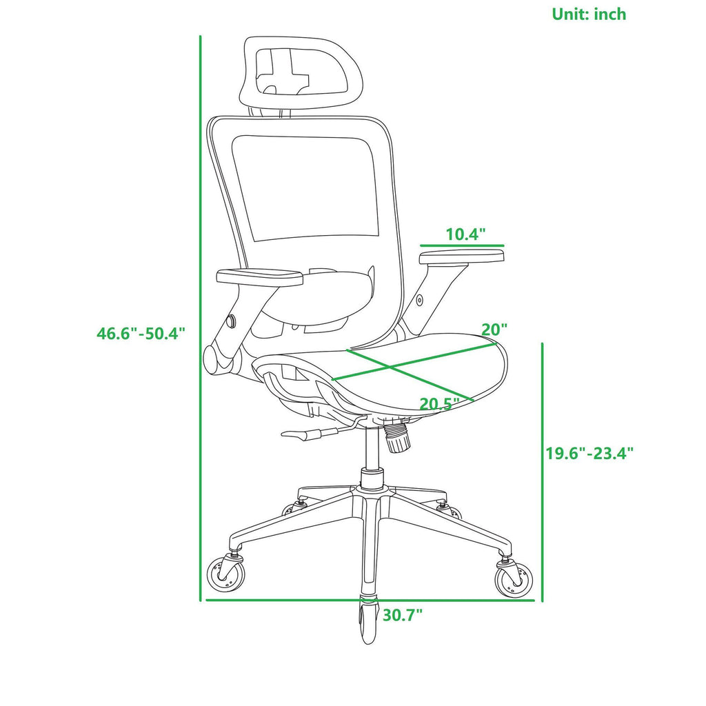 Leoglint BLACK Ergonomic Mesh Office Chair, High Back - Adjustable Headrest with Flip-Up Arms, Tilt and lock Function, Lumbar Support and blade Wheels, KD chrome metal legs