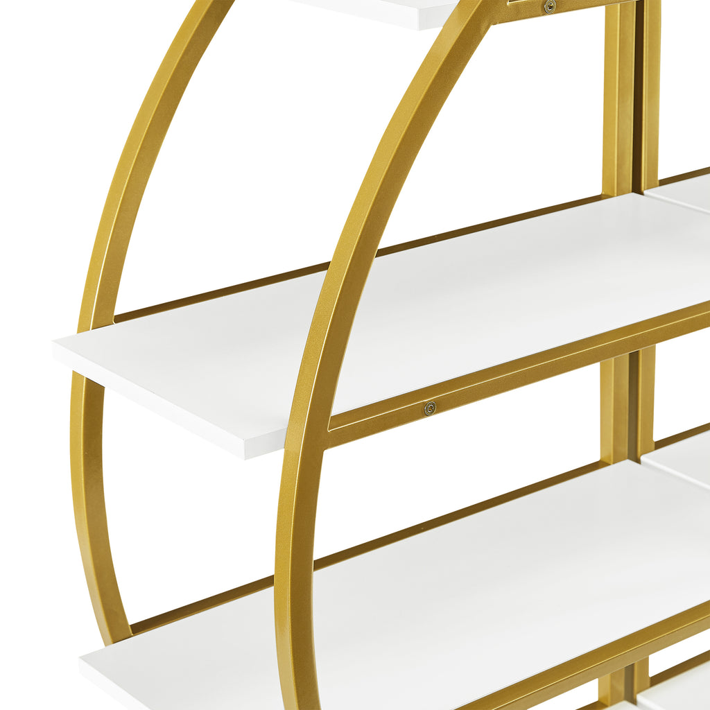 Leoglint 4 Tiers Home Office Open Bookshelf, Round Shape, Different Placement Ways, MDF Board, Gold Metal Frame, White