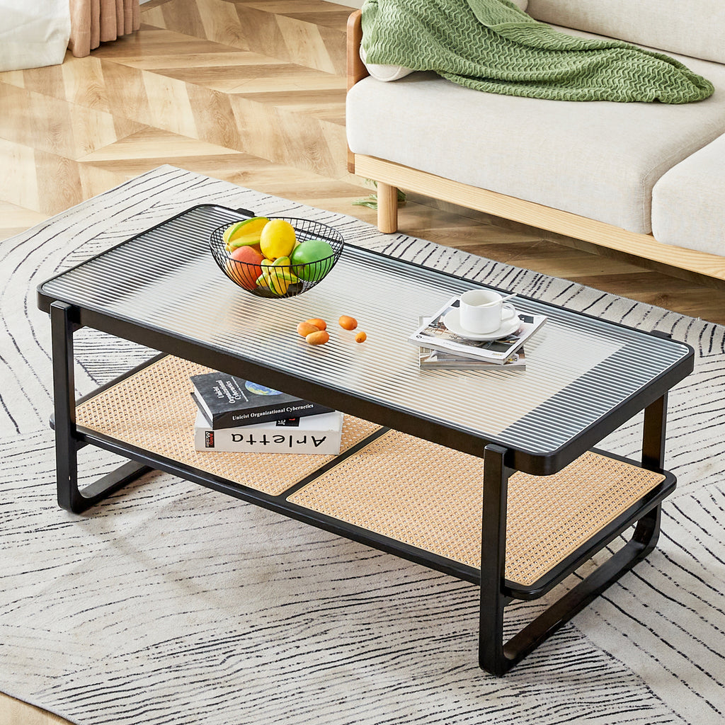 Leoglint Modern minimalist rectangular double layer black solid wood imitation rattan coffee table with a Chinese style side table with craft glass tabletop, suitable for living rooms, restaurants, bedrooms