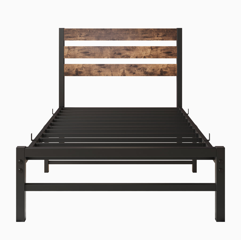 Leoglint Twin Size Platform Bed Frame with Rustic Vintage Wood Headboard, Strong Metal Slats Support Mattress Foundation, No Box Spring Needed Rustic Brown