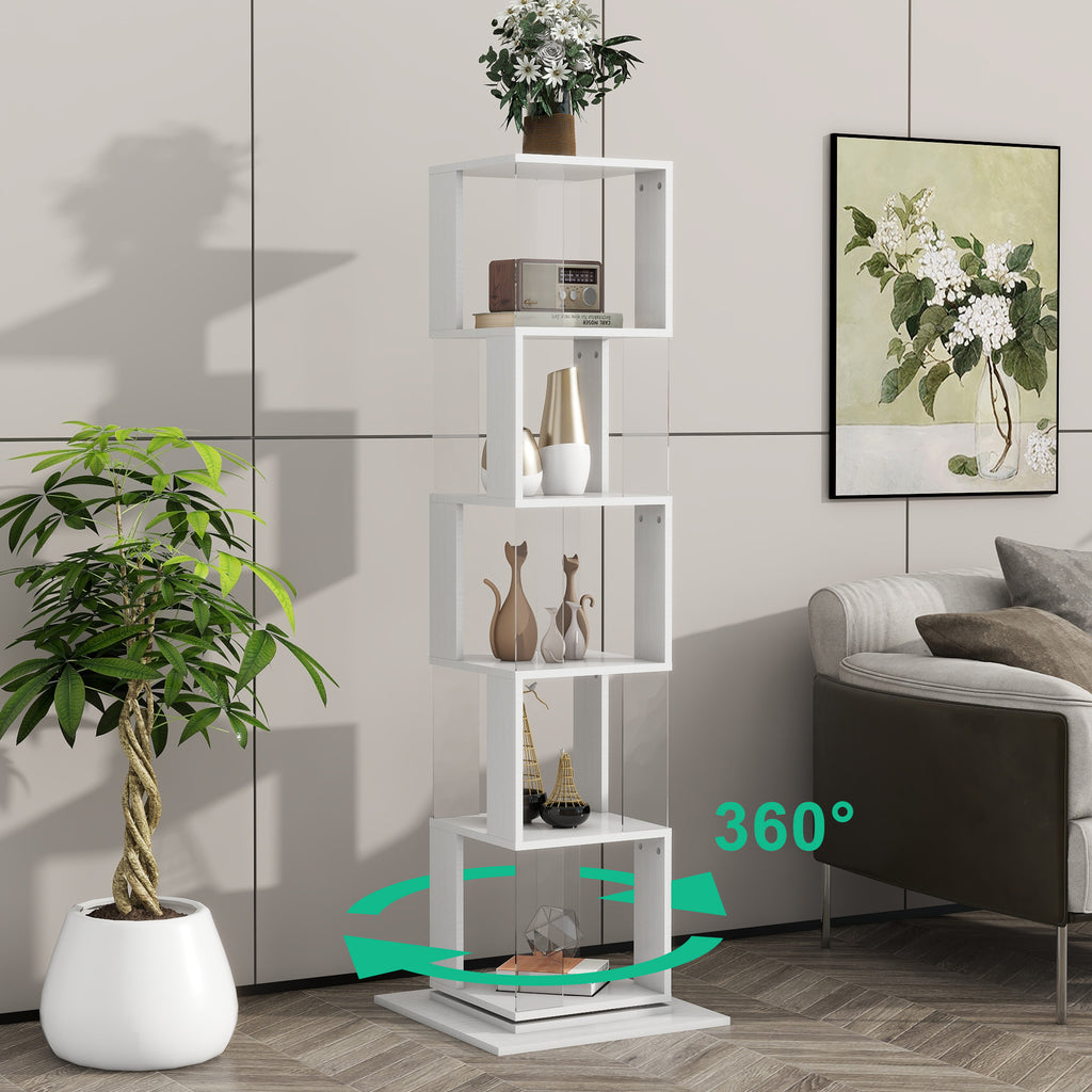 Leoglint 5 tier Rotating Bookshelf, Floor Rack Simple Bookcase  with Acrylic plate Student Multi-Function Creative Bookshelf for Living Room with anti-toppling base