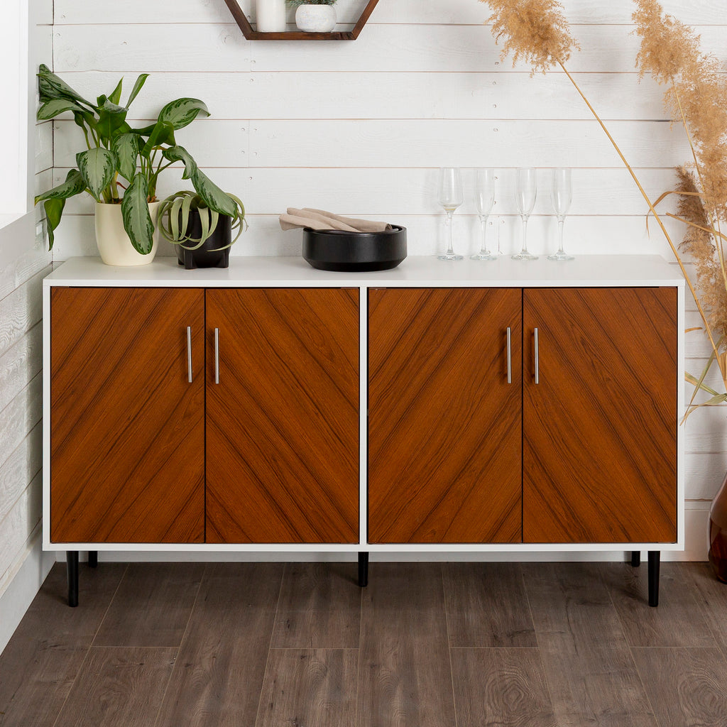 Leoglint Sideboard Mid-Century Modern Faux-Bookmatch Door Buffet - White/Teak