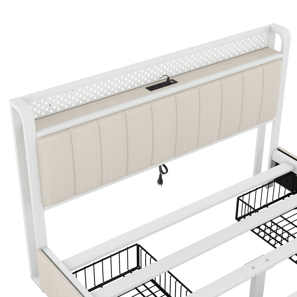 Queen Bed Frame with LED Headboard, Upholstered Bed with 4 Storage Drawers and USB Ports, Beige