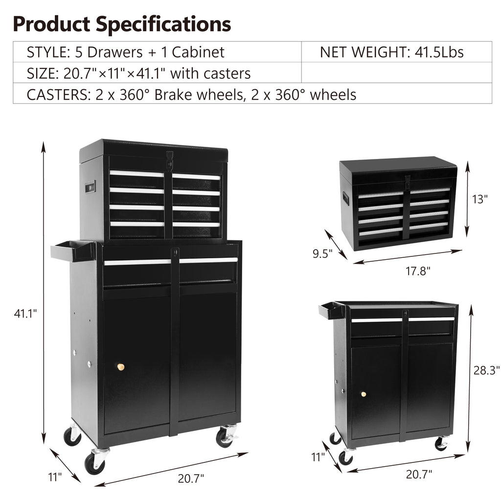 Leoglint Rolling Garage Workshop Organizer Detachable 5 Drawer Tool Chest with Large Storage Cabinet and Adjustable Shelf, Black