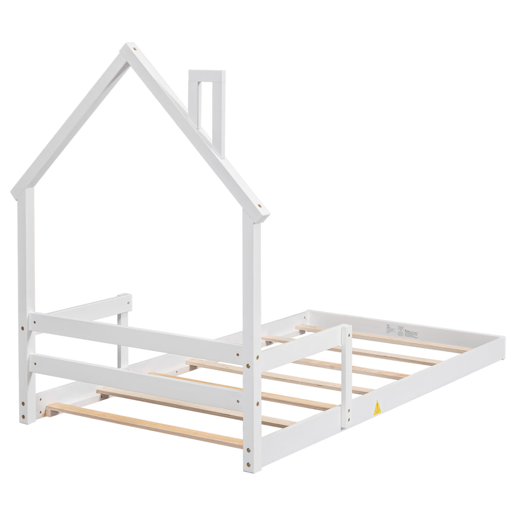 Twin House-Shaped Headboard Floor Bed Frame with Handrails ,slats,White