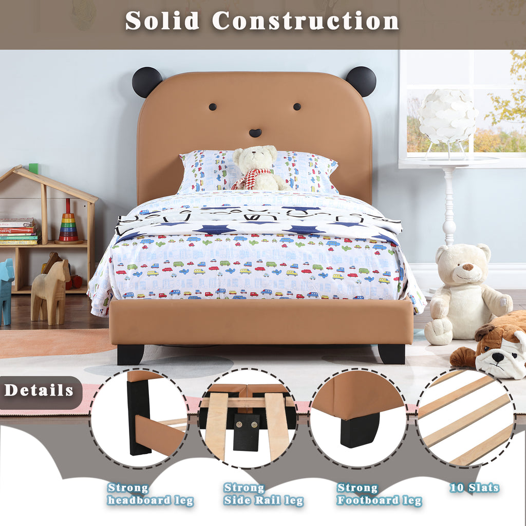 Leoglint Upholstered Twin Size Platform Bed for Kids, Wooden Bed Frame with Slatted Bed Base, No Box Spring Needed, Cute Bed Frame with Bear Design Headboard for Girls Boys Teens, Brown