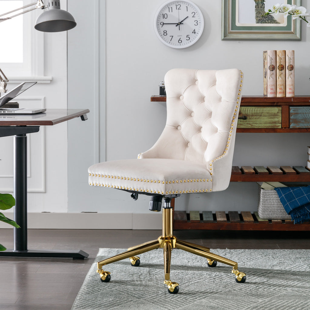 Leoglint A&A Furniture Office Chair,Velvet Upholstered Tufted Button Home Office Chair with Golden Metal Base,Adjustable Desk Chair Swivel Office Chair (Beige)