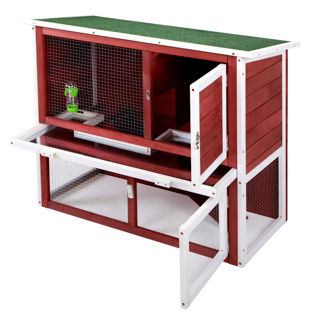 Leoglint Wood Rabbit Hutch, Pet Playpen with 2 Stories, Ramp, Doors, Pull-out Tray, Water Bottle, Outdoor Enclosure for Small Animals Bunnies, Red and White