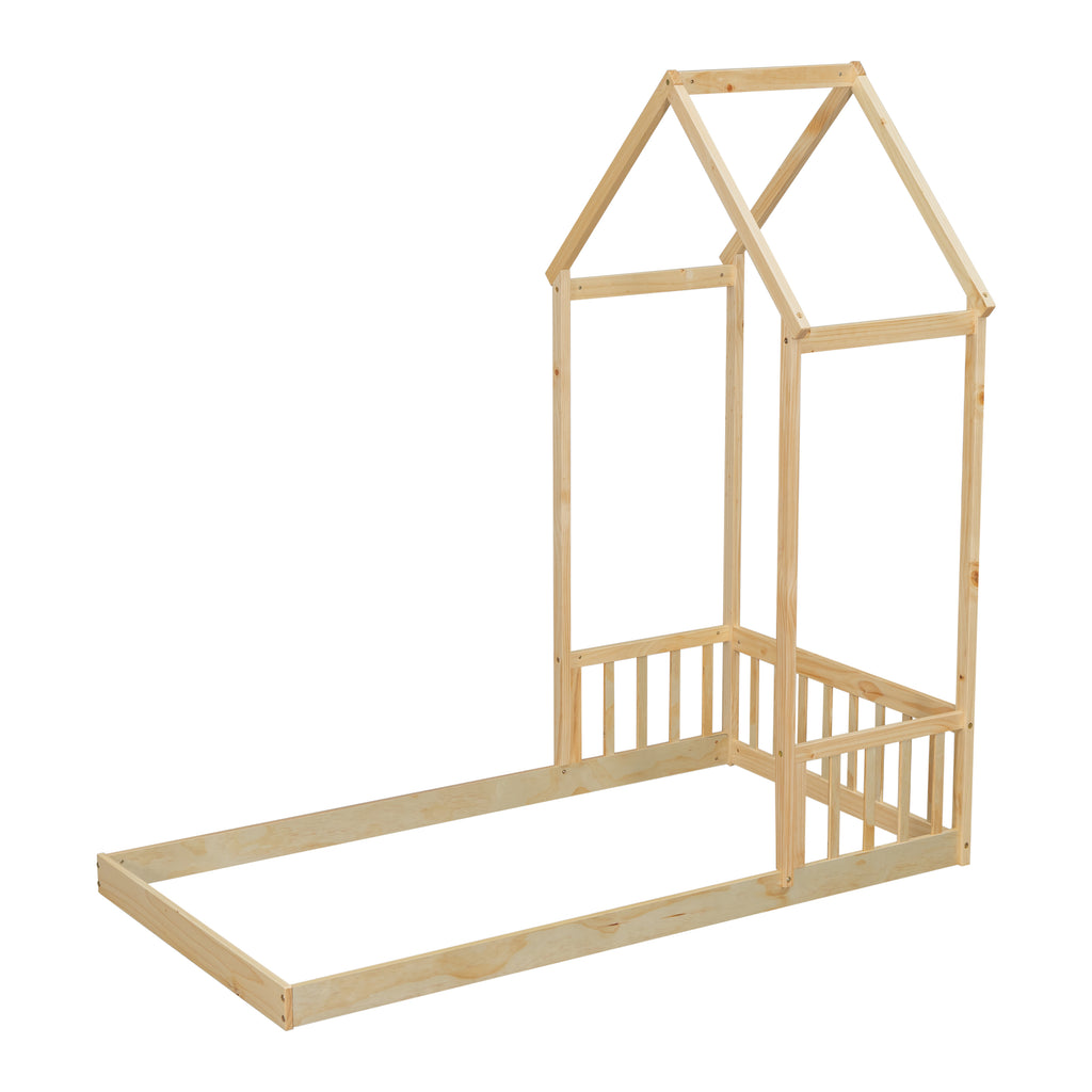 Twin House-shaped Roof Headboard Floor Bed Frame,,(without slats),Natural