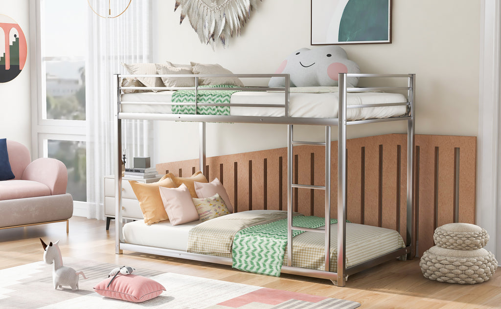 Leoglint Twin over Twin Metal Bunk Bed Frame, Low Bunk Bed with Ladder,Silver(OLD SKU:WF282465AAN)