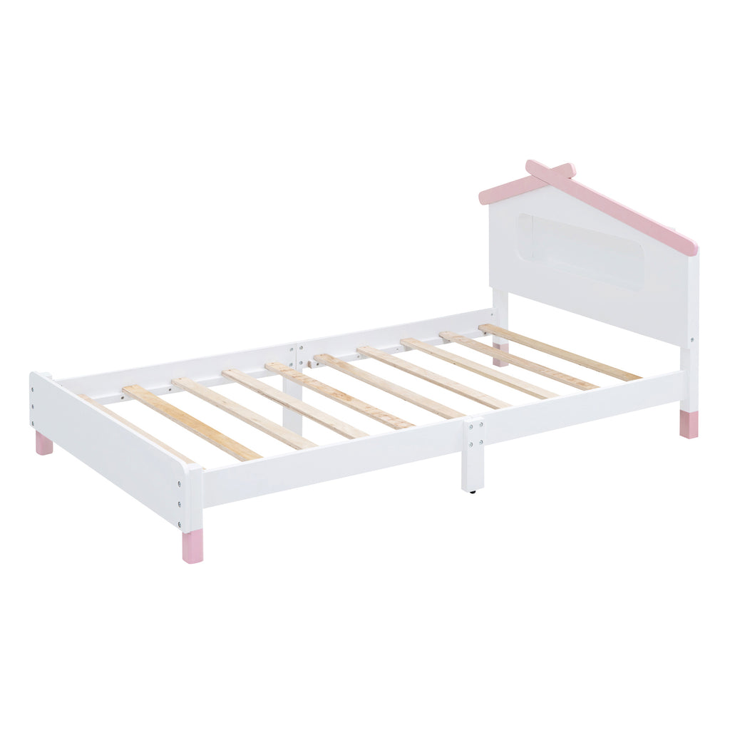 Leoglint Twin Size Wood Platform Bed Frame with House-shaped Headboard and Motion Activated Night Lights (White+Pink)