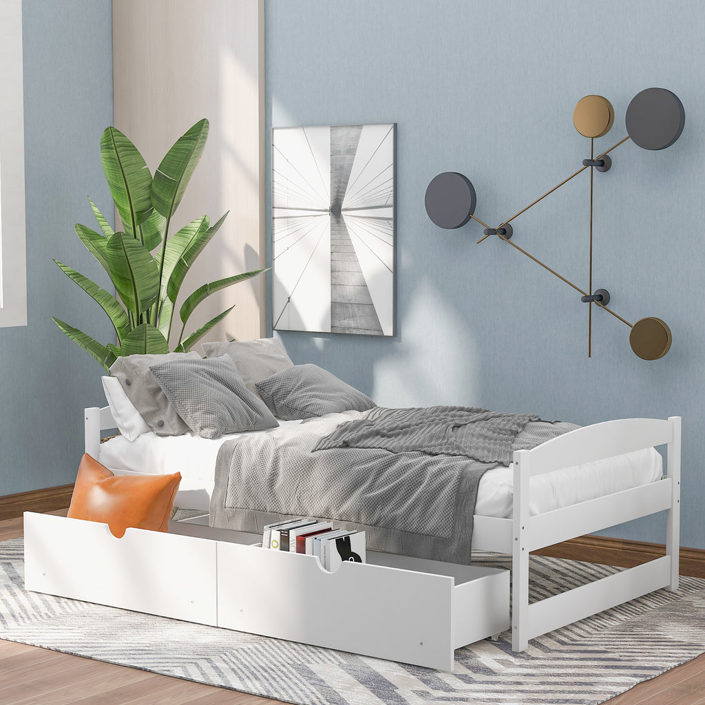 Leoglint Twin size platform bed frame, with two drawers, white