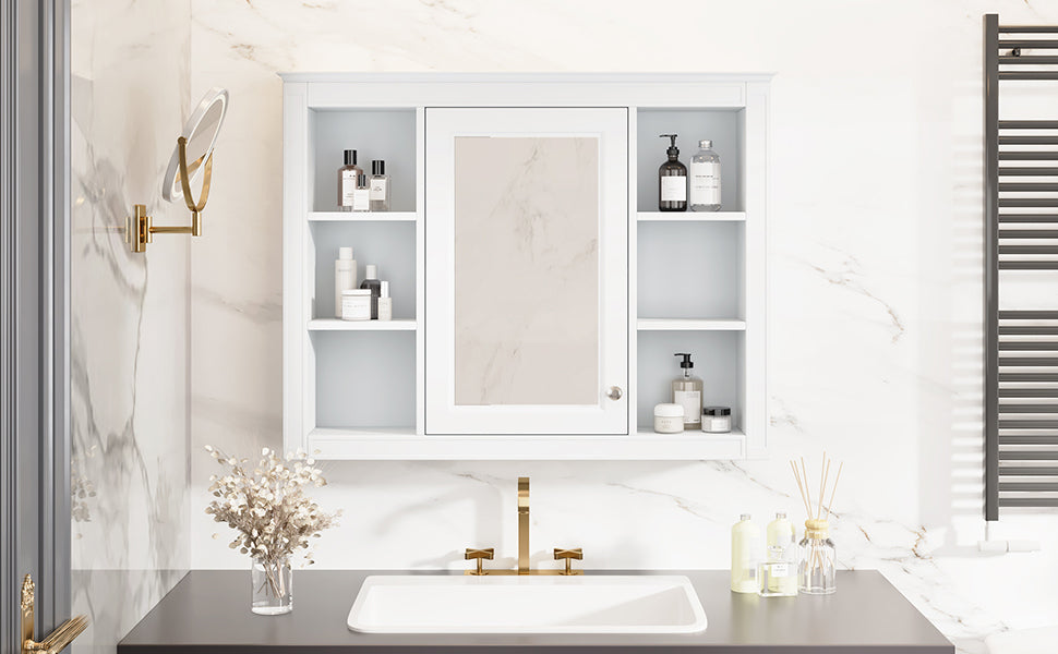 Leoglint 35'' x 27.5'' Medicine Cabinet, Wall Mounted Bathroom Storage Cabinet, Modern Bathroom Wall Cabinet with Mirror, Mirror Cabinet with 6 Open Shelves (Not Include Bathroom Vanity )