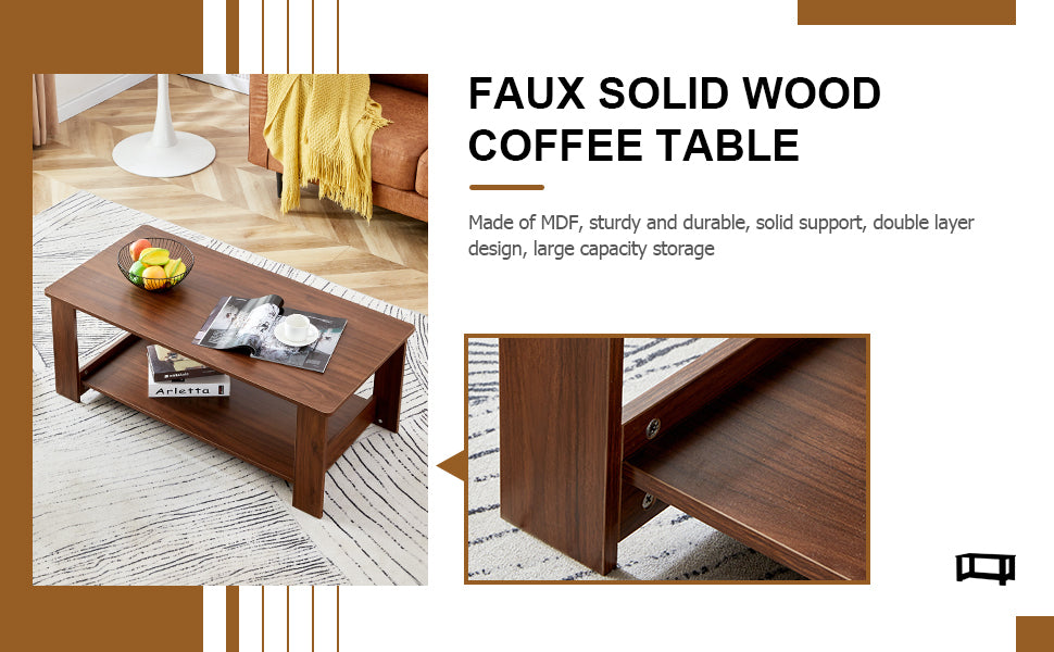 Leoglint Modern and practical walnut textured coffee tables , tea tables. The double layered coffee table is made of MDF material. Suitable for living room  43.3"*21.6"*16.5"  CT-16