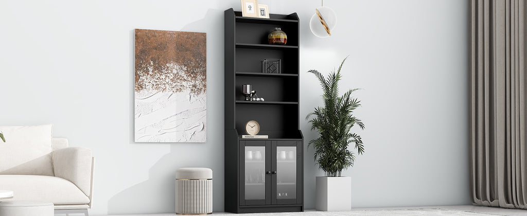 Leoglint Sideboard ON-TREND Elegant Tall Cabinet with Acrylic Board Door, Versatile Sideboard with Graceful Curves, Contemporary Bookshelf with Adjustable Shelves for Living Room, Black