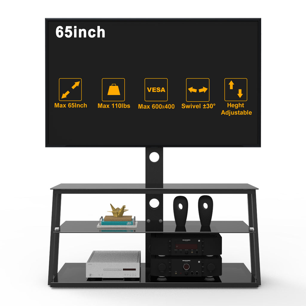 Leoglint Black Multi-Function Angle And Height Adjustable Tempered Glass  TV Stand