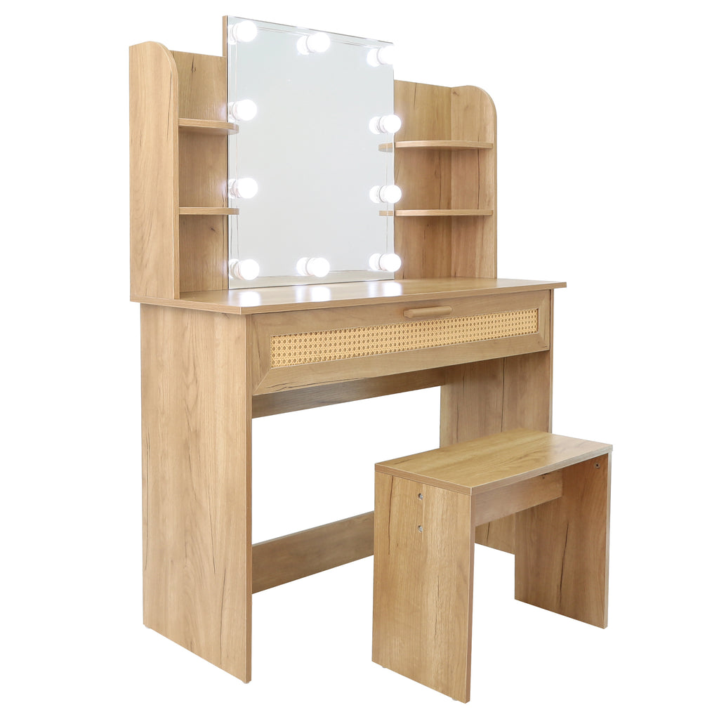 Leoglint Drawer Chest Vanity Desk Set Stool & Dressing Table with LED Lighting Mirror Drawer and Compartments Modern Wood Cosmetic Table Chest of Drawers Nature Color