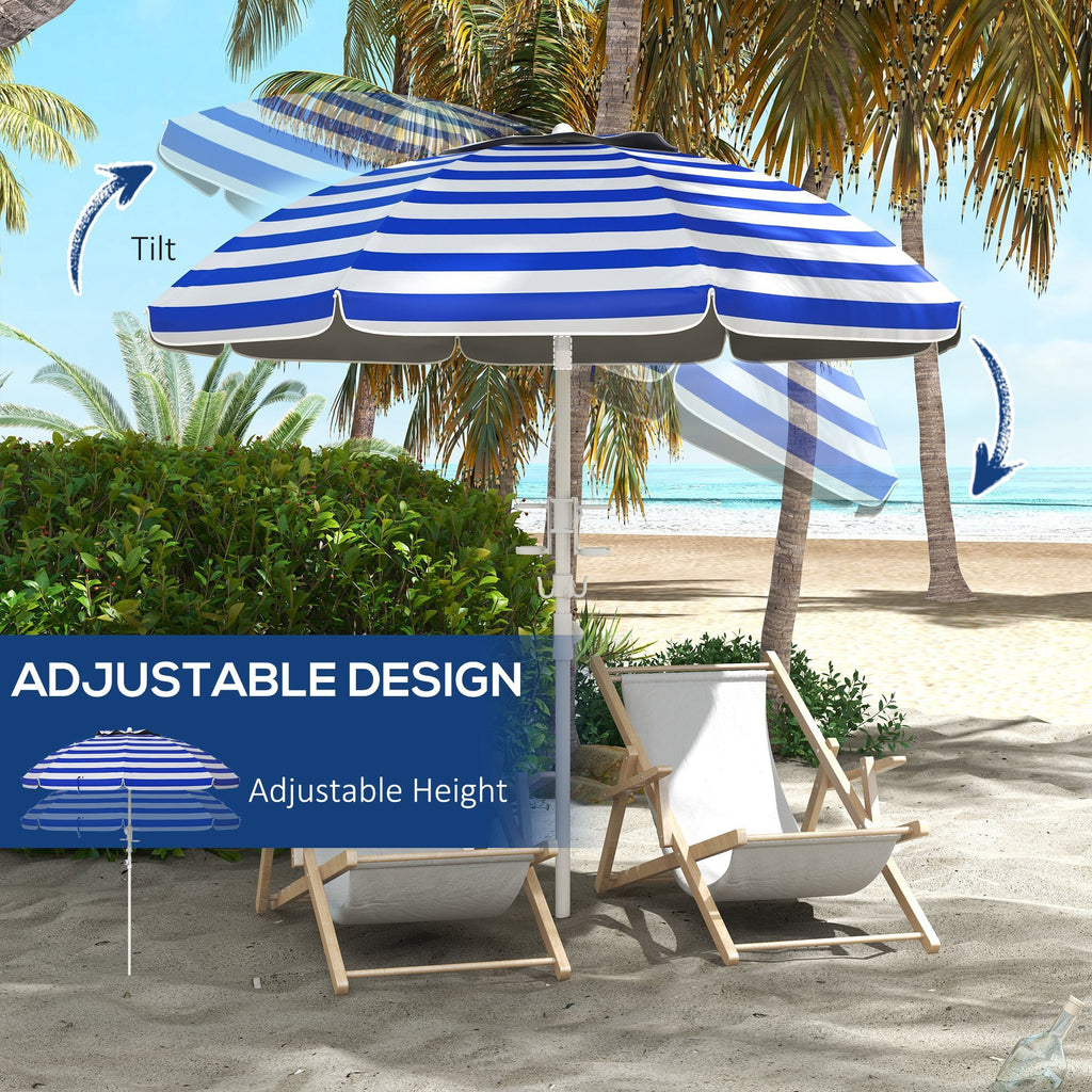 Leoglint 5.7' Portable Beach Umbrella with Tilt, Adjustable Height, 2 Cup Holders & Hooks, UV 40+ Ruffled Outdoor Umbrella with Vented Canopy, Blue White Stripe