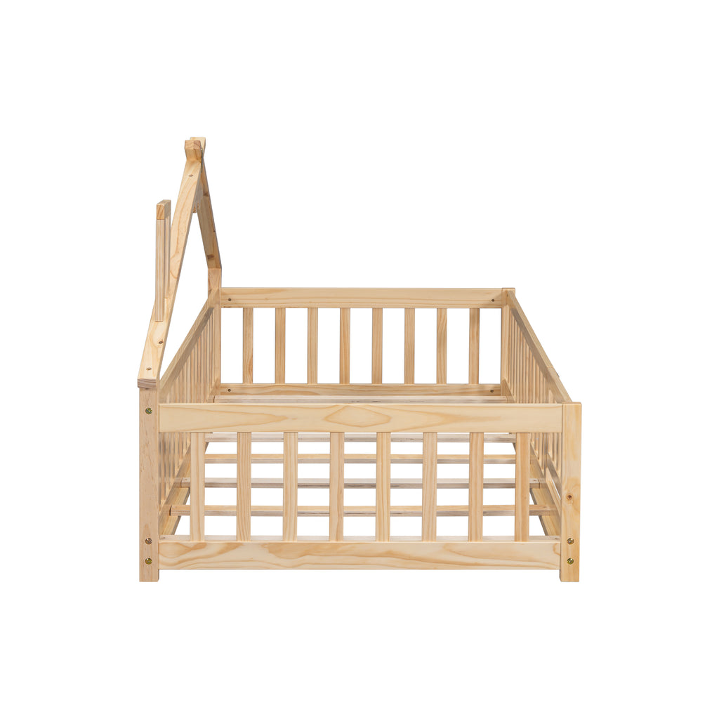 Twin House-Shaped Bedside Floor Bed Frame with Guardrails, Slats, with Door,Natural