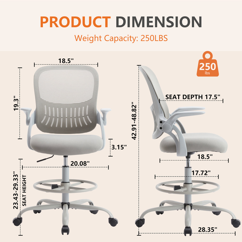 Leoglint Sweetcrispy Drafting Tall Office Chair Ergonomic High Desk Chair with Flip-up Armrests