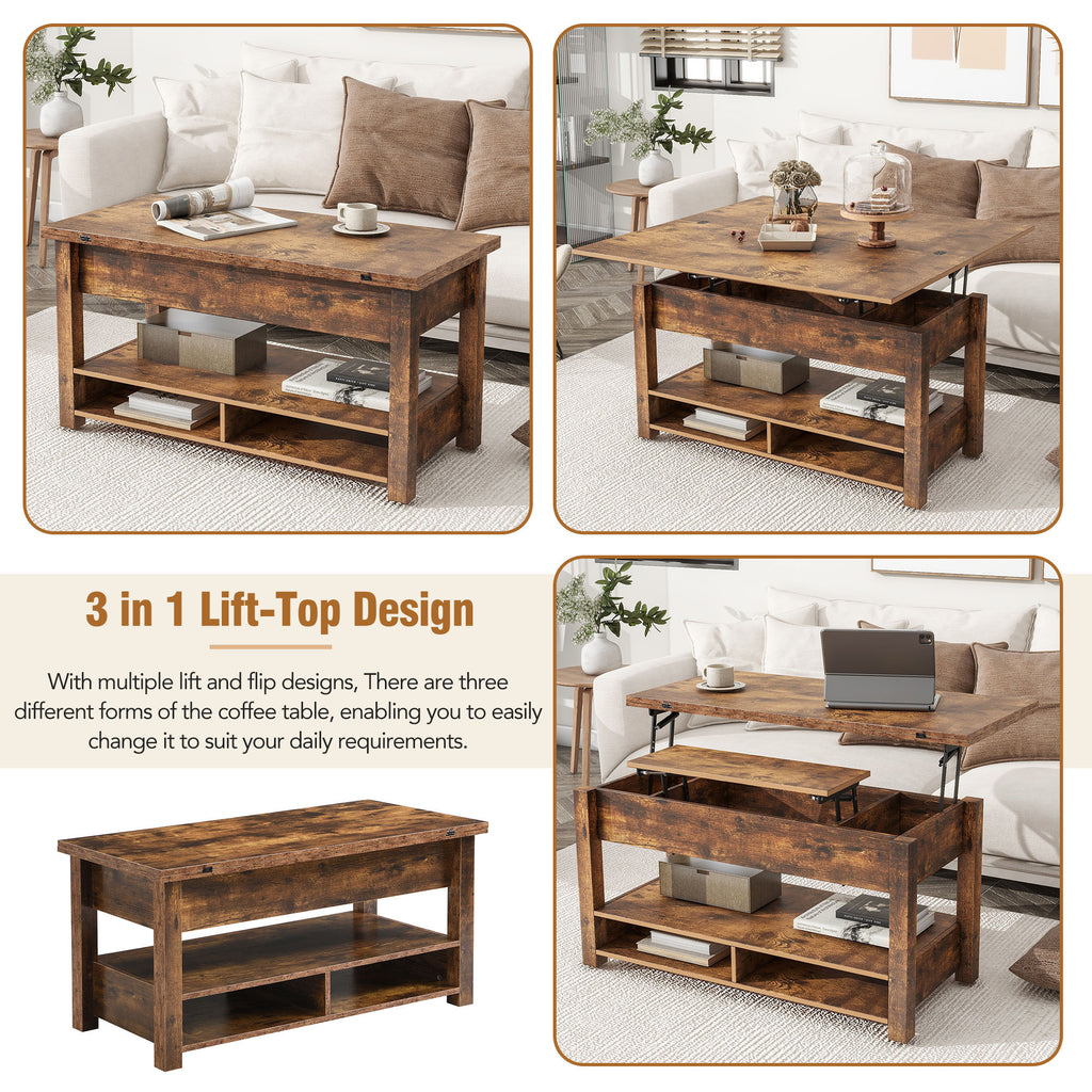 Leoglint [VIDEO provided] ON-TREND Lift Top Coffee Table, Multi-Functional Coffee Table with Open Shelves, Modern Lift Tabletop Dining Table for Living Room, Home Office, Rustic Brown