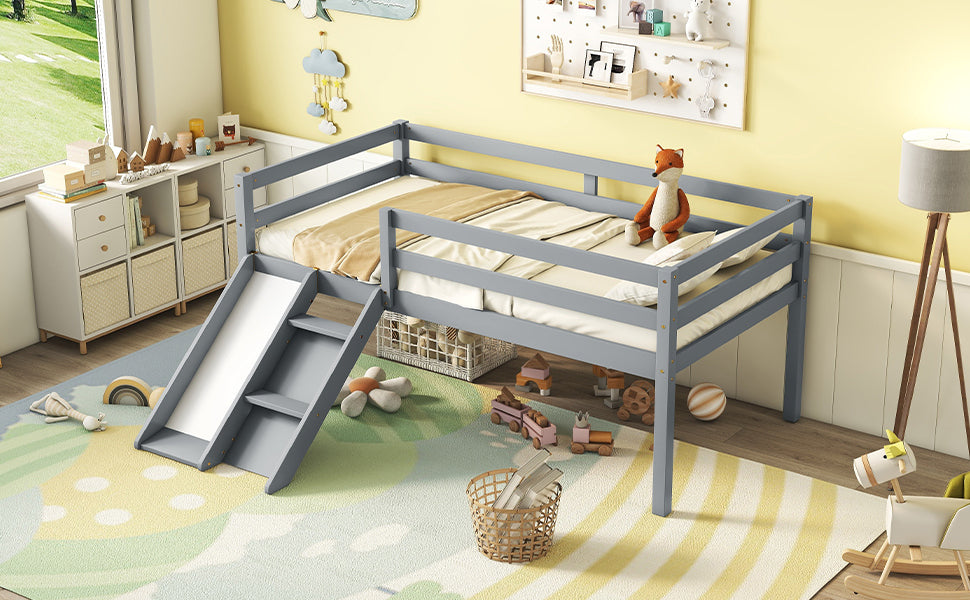 Twin Low Loft Bed Frame with Slide,  Ladder, Safety Guardrails, No Box Spring Needed,Grey