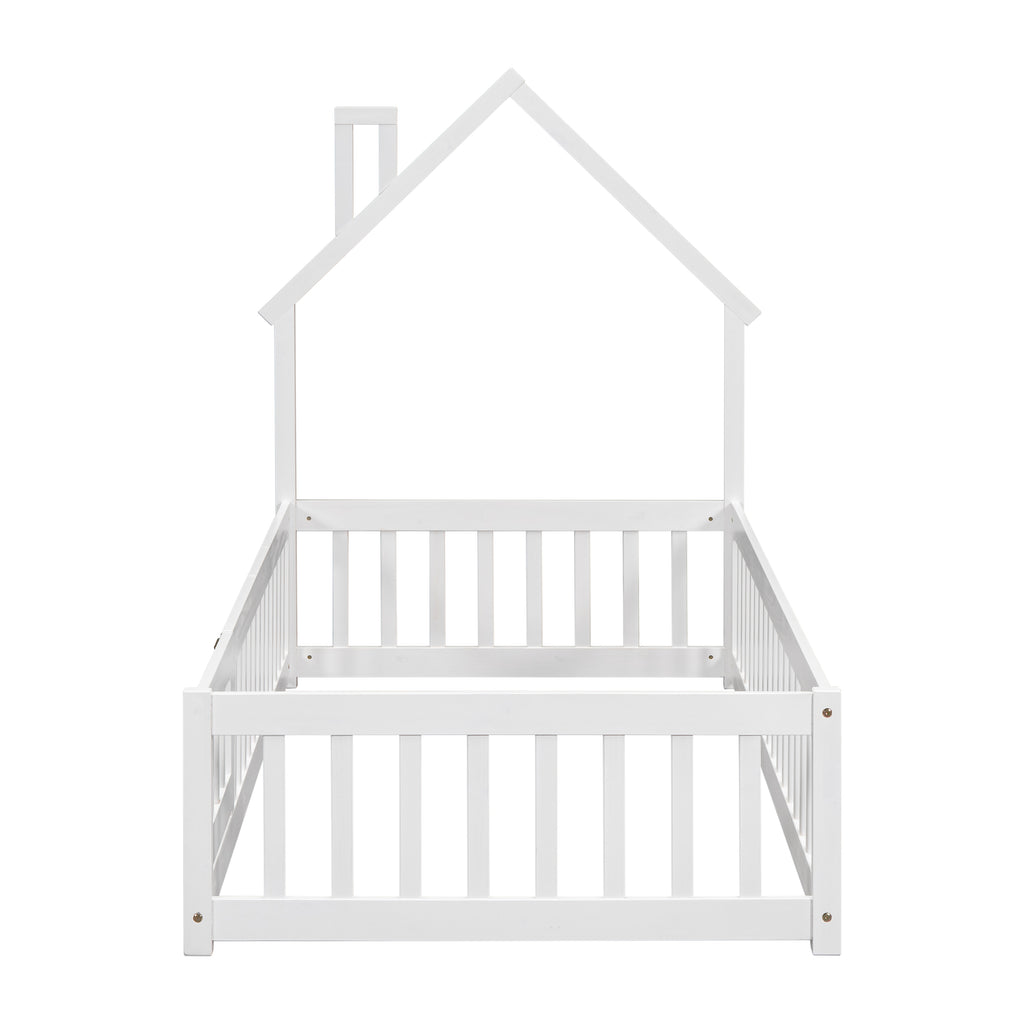 Twin House-Shaped Headboard Floor Bed Frame with Fence,White