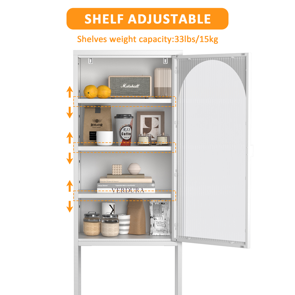 Leoglint Metal Glass Door Display Storage Cabinet - 5-Tier Cube Bookshelf Storage Cabinet with 3 Adjustable Shelves For kitchen, dining room, living room, bathroom, home office,White