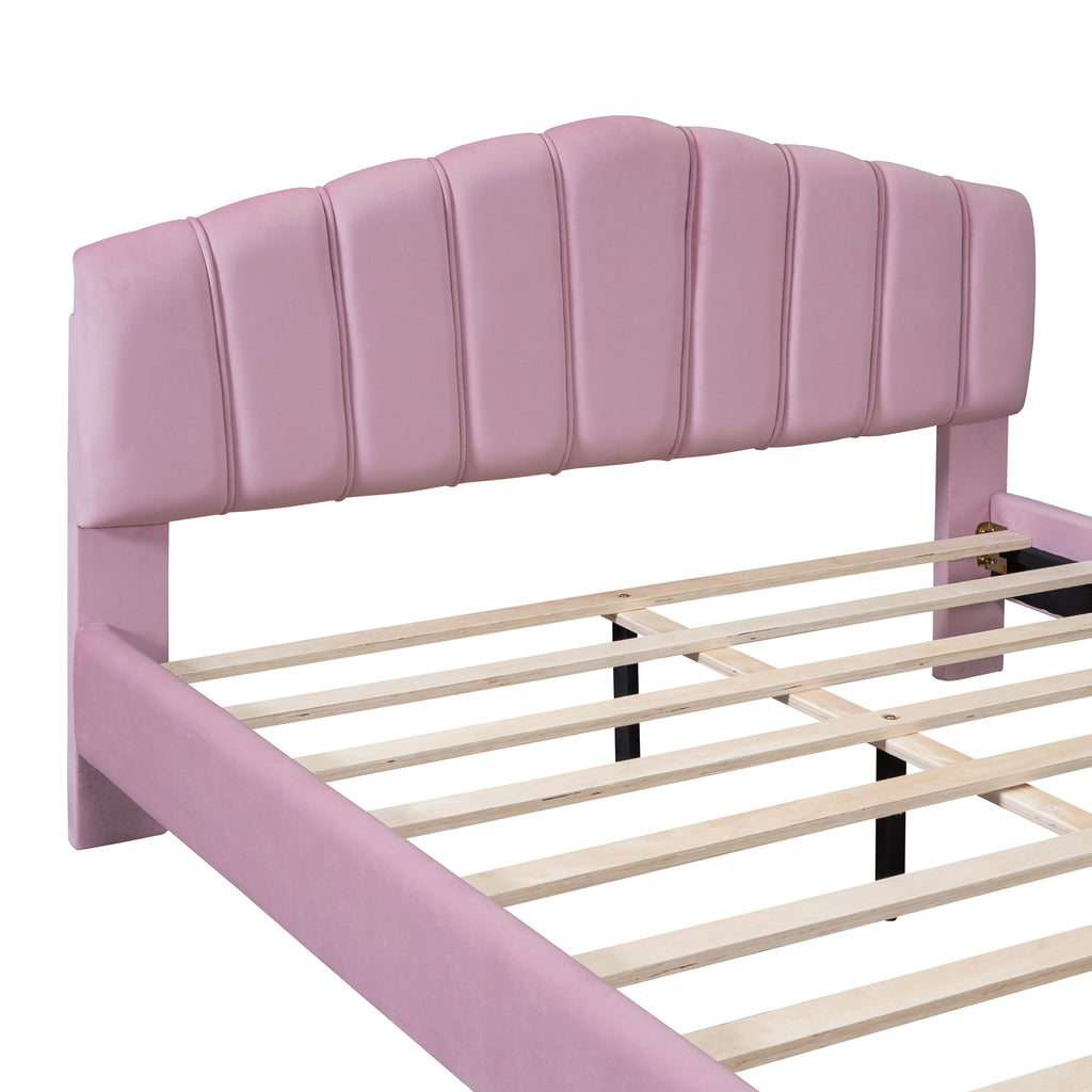 Queen Size Velvet Platform Bed Frame with Thick Fabric, Stylish Stripe Decorated Bedboard and Elegant Metal Bed Leg, Pink