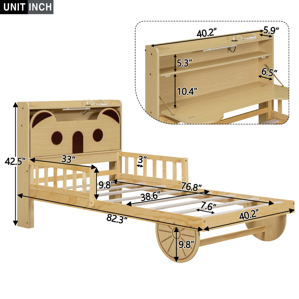 Leoglint Twin Size Car Bed Frame with Bear-Shaped Headboard, USB and LED, Natural