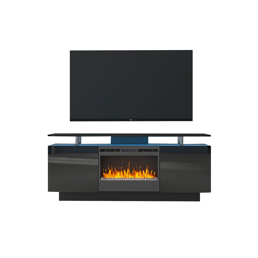 Leoglint Black 160CM large TV stand cabinet with fireplace can heating change color 9 models 8 levels have LED Light