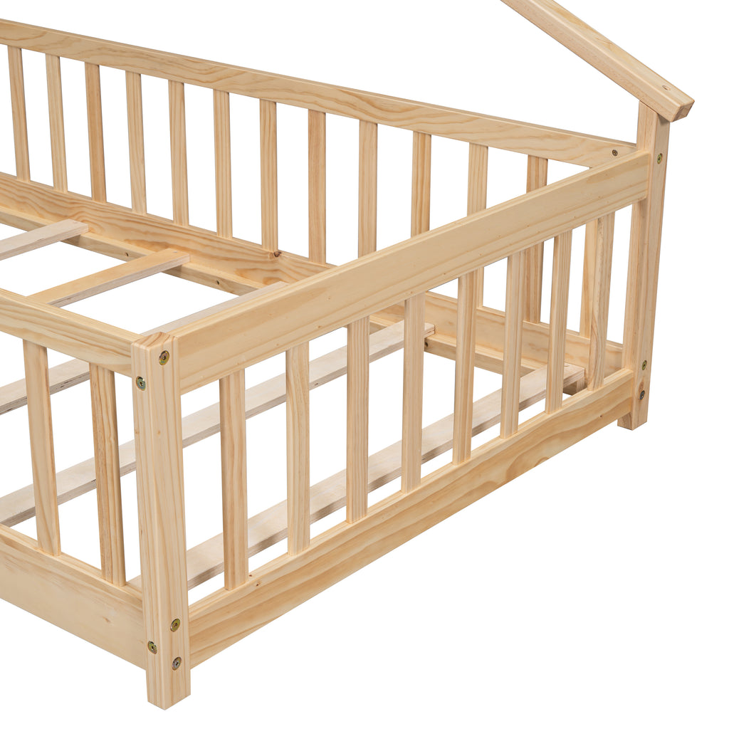 Twin House-Shaped Bedside Floor Bed Frame with Guardrails, Slats, with Door,Natural