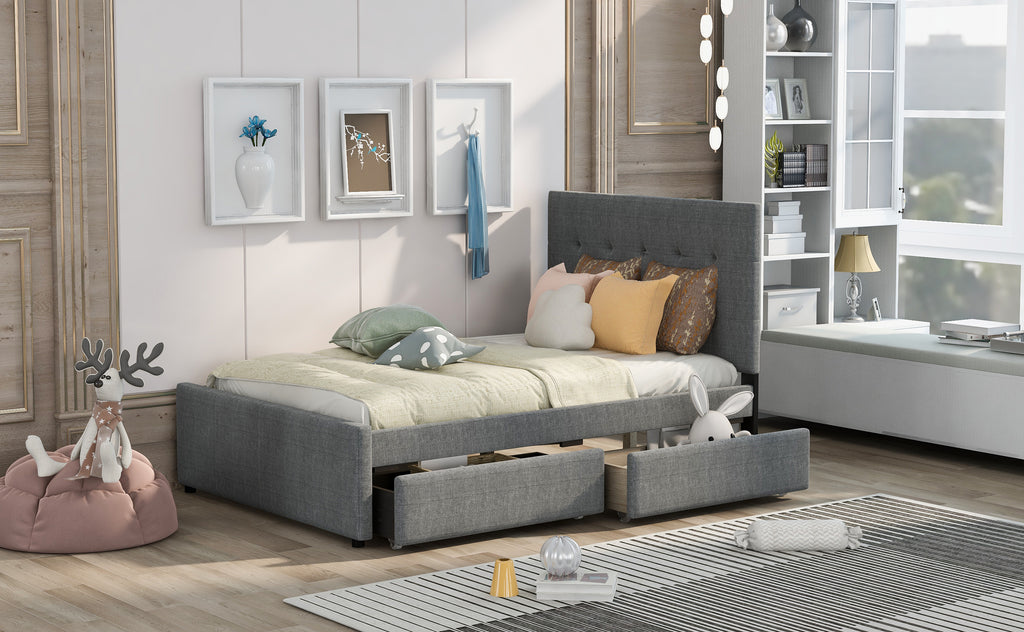 Leoglint Linen Upholstered Platform Bed Frame With Headboard and Two Drawers, Full(Old SKU: SM000505AAE)