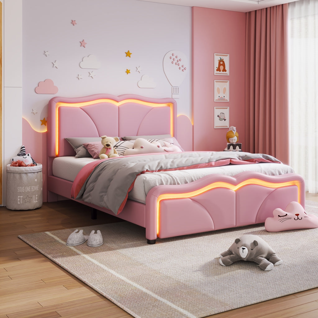 Leoglint Full Size Upholstered Platform Bed Frame with Curve Shaped and Height-adjustbale Headboard,LED Light Strips,Pink