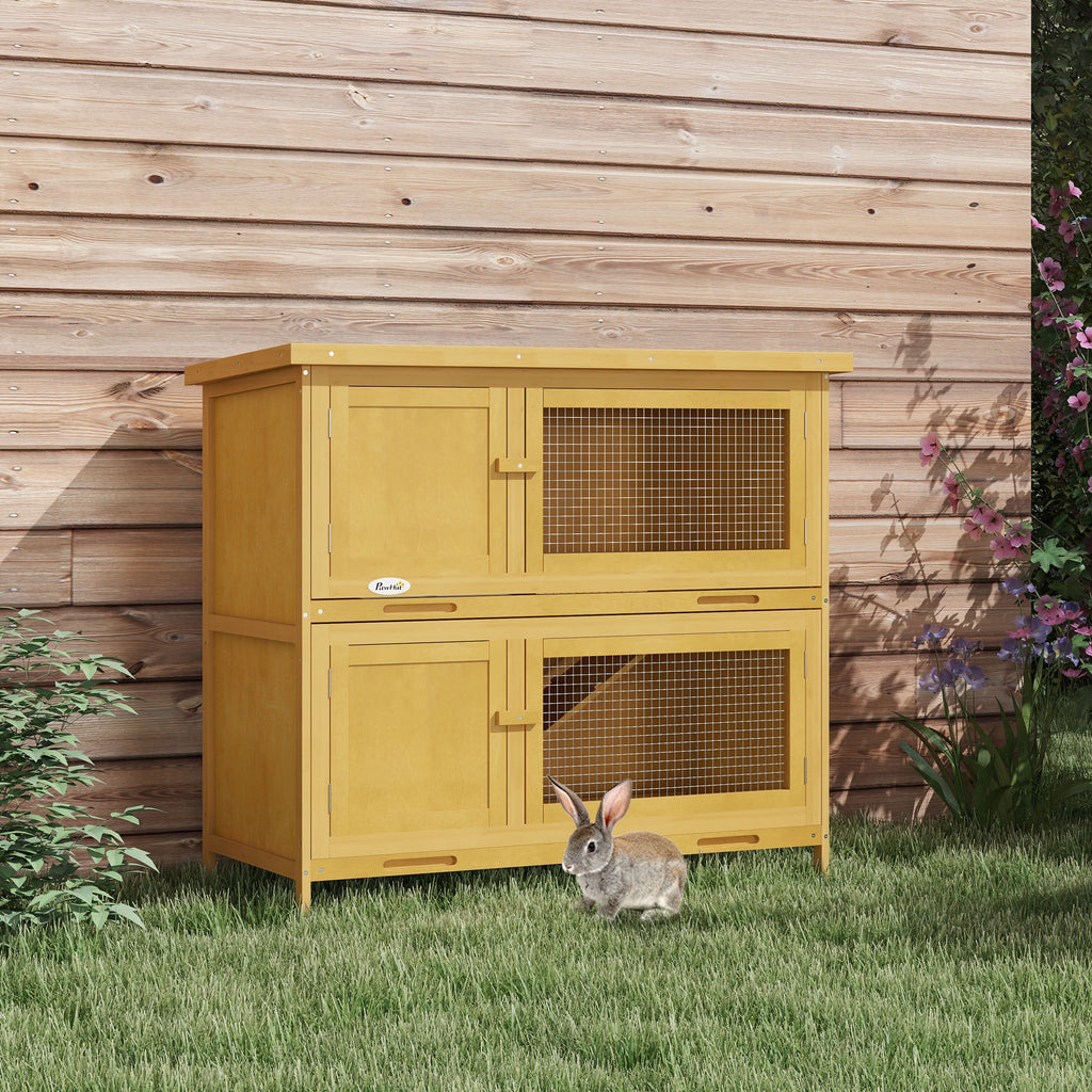 Leoglint Wooden Bunny Rabbit Hutch, Small Animal Habitat with Ramp, Removable Tray & Weatherproof Roof, Indoor/Outdoor, Yellow