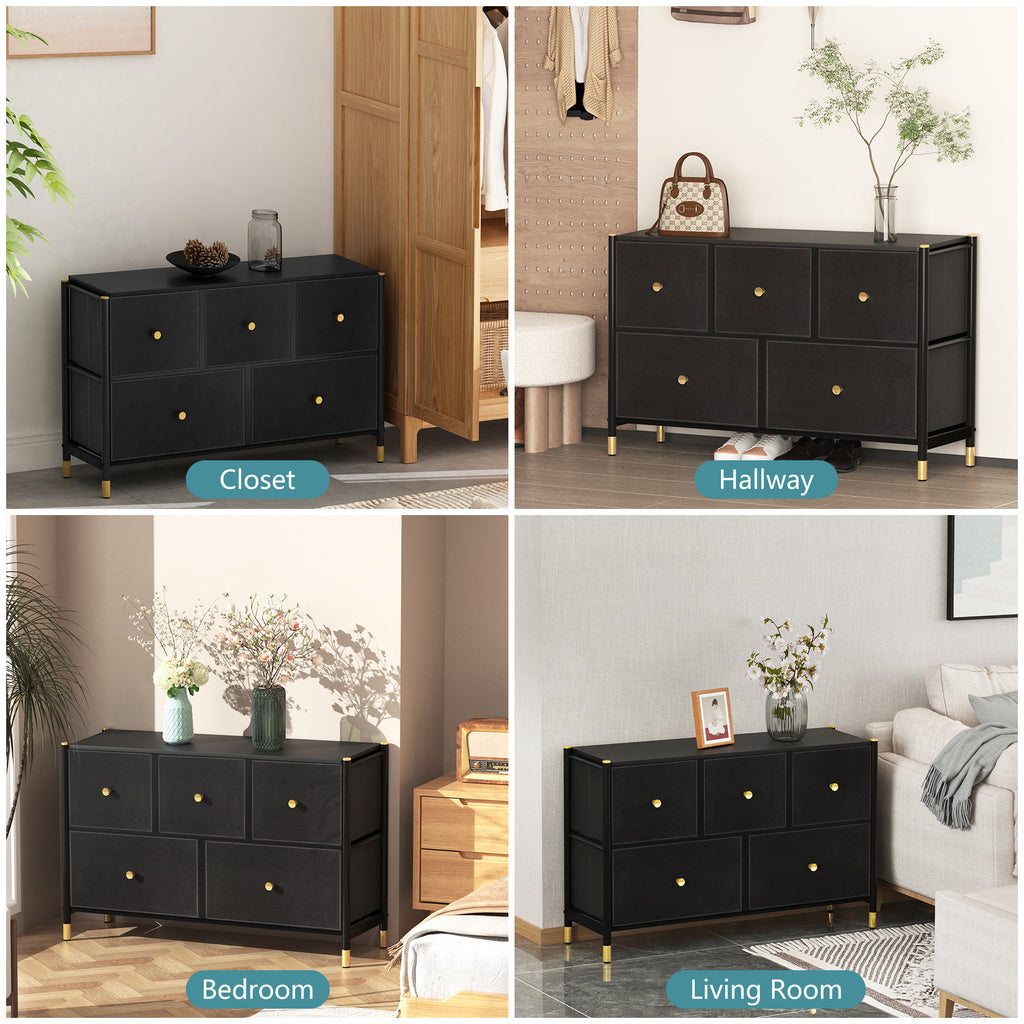 Leoglint Drawer Chest Drawer Dresser cabinet ,all Dresser with 5 PU Leather Front Drawers, Storage Tower with Fabric Bins, Double Dresser, Chest of Drawers for Closet, Living Room, Hallway, Children's Room, color:Black