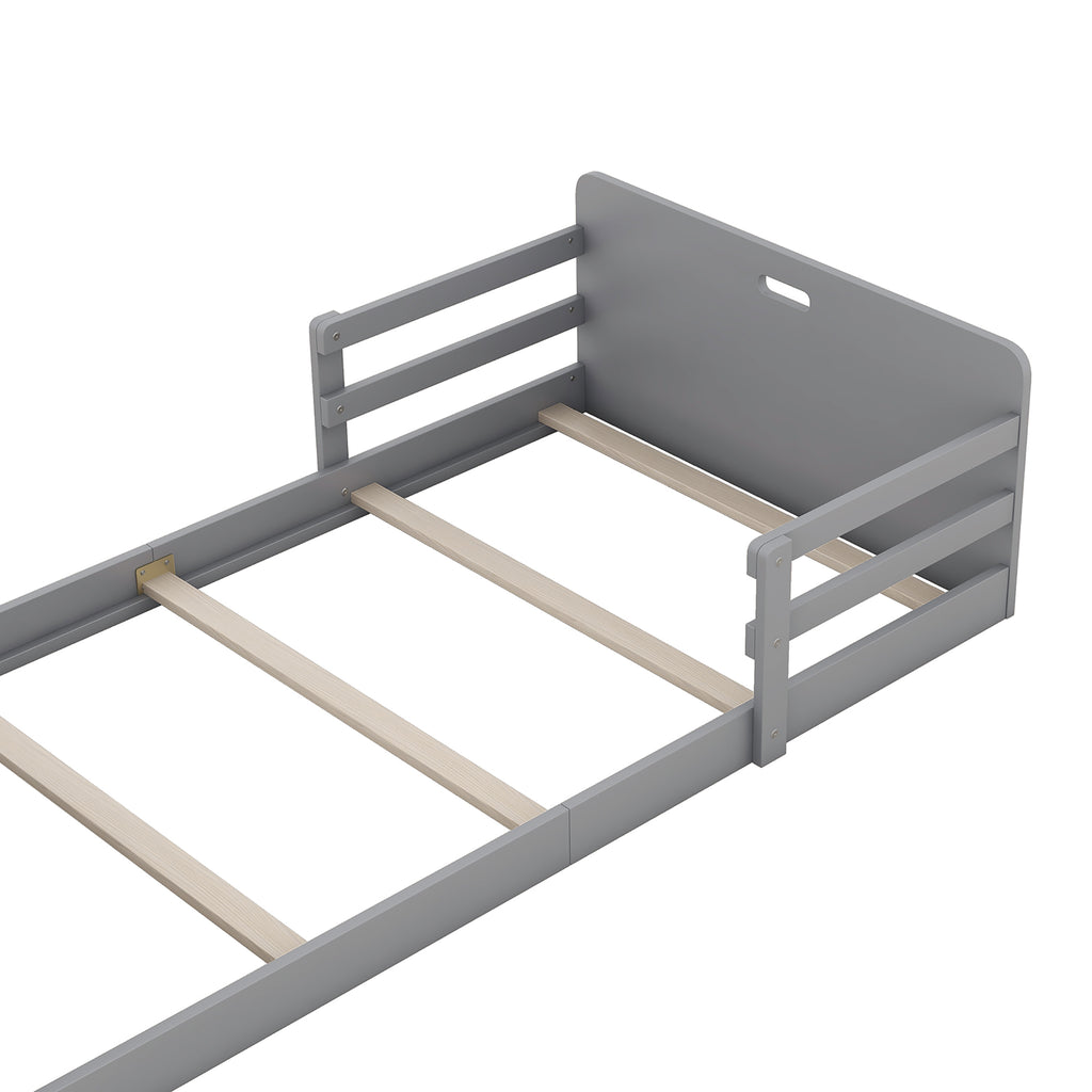 Leoglint Twin Size Floor Bed Frame with Storage Footboard and Guardrail, Grey