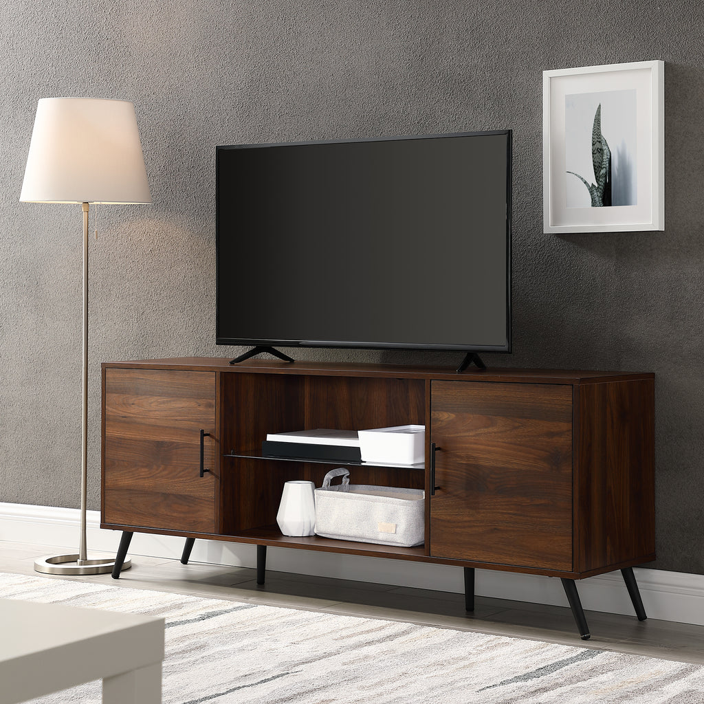 Leoglint Mid-Century Modern 2-Door 60" TV Stand for 65" TVs with Glass Shelf - Dark Walnut