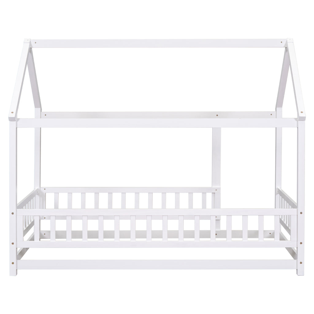 Leoglint Twin Size Floor Wooden Bed Frame with House Roof Frame, Fence Guardrails,White(Old SKU:W1791106615)