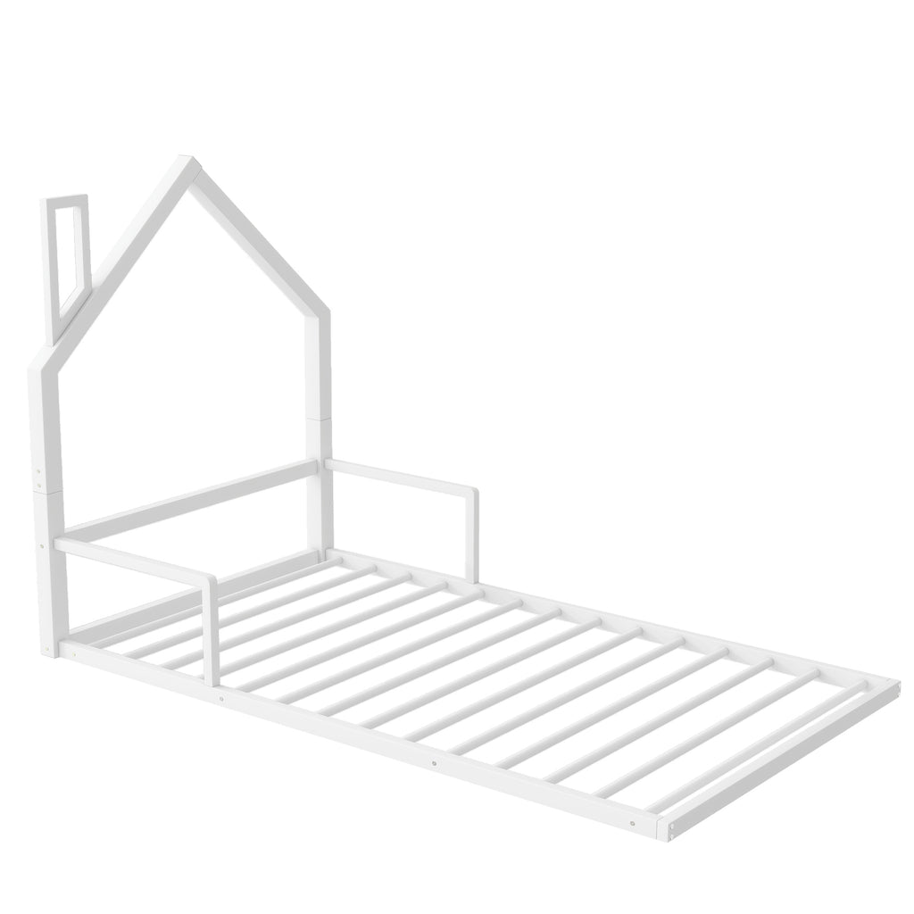 Leoglint Twin Size Metal Floor Bed Frame with House-shaped Headboard, White